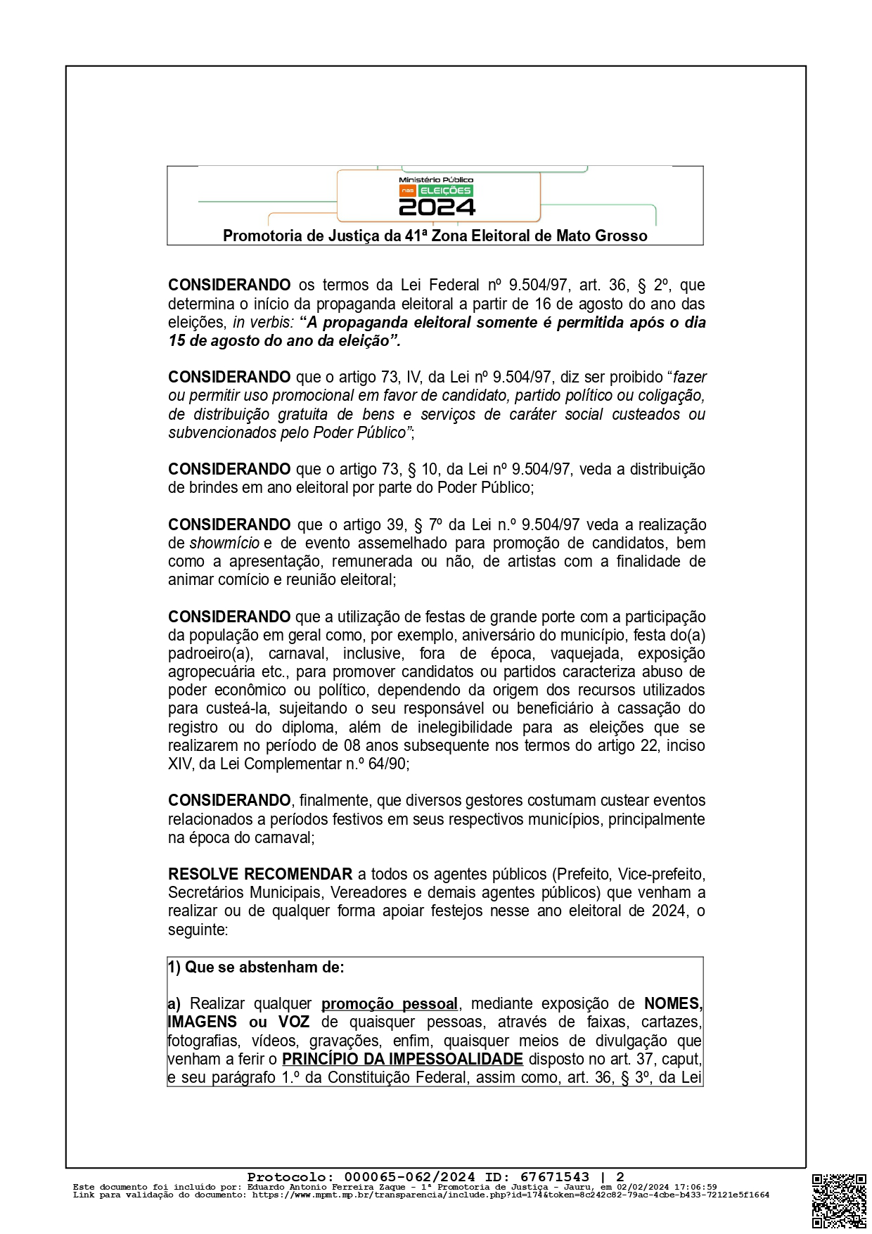 2 MP RECOMENDAÇÃO ELEITORAL AGENTES PUBLICOS MUNICÍPIO DE JAURU page 0002