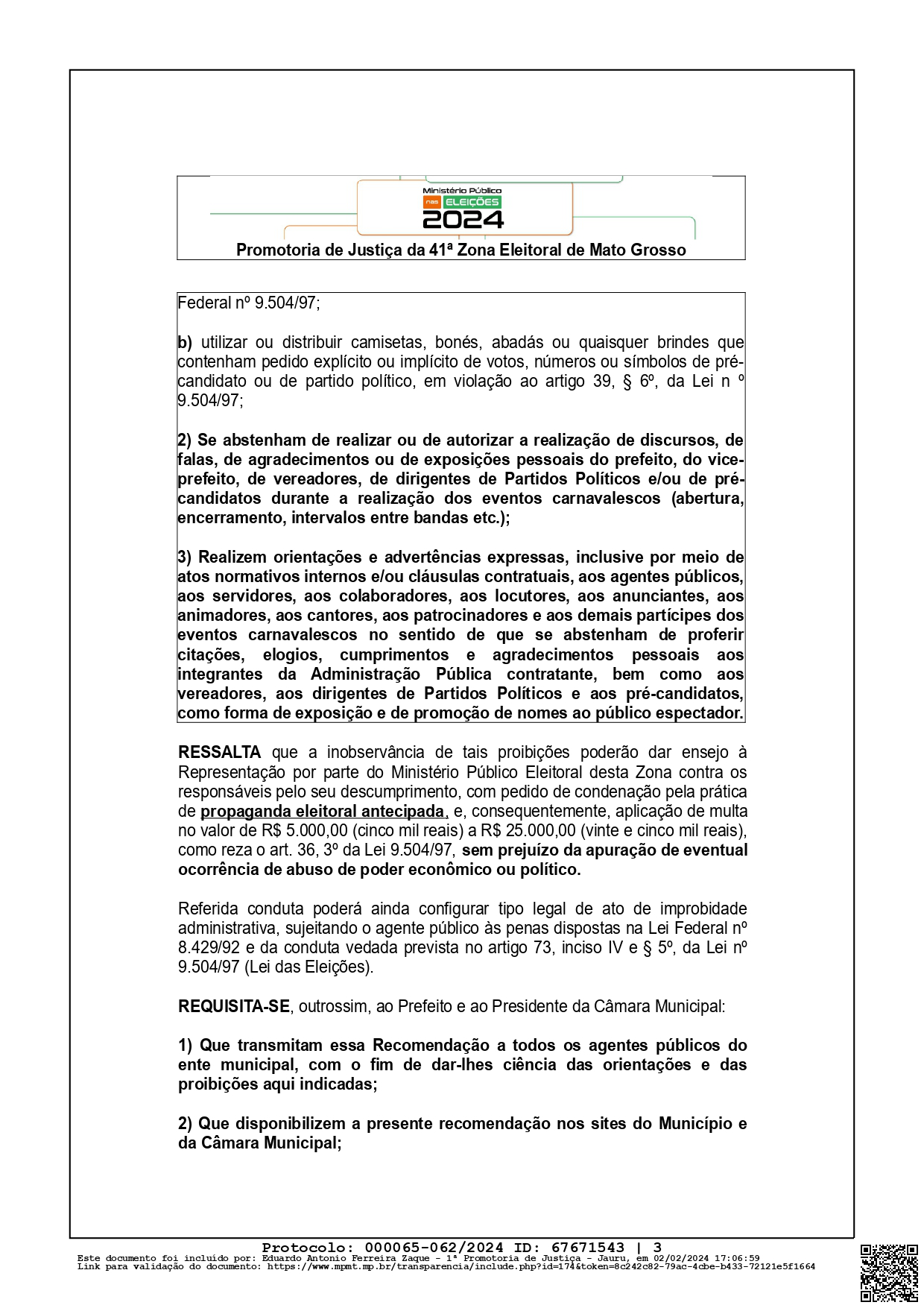 3 MP RECOMENDAÇÃO ELEITORAL AGENTES PUBLICOS MUNICÍPIO DE JAURU page 0003